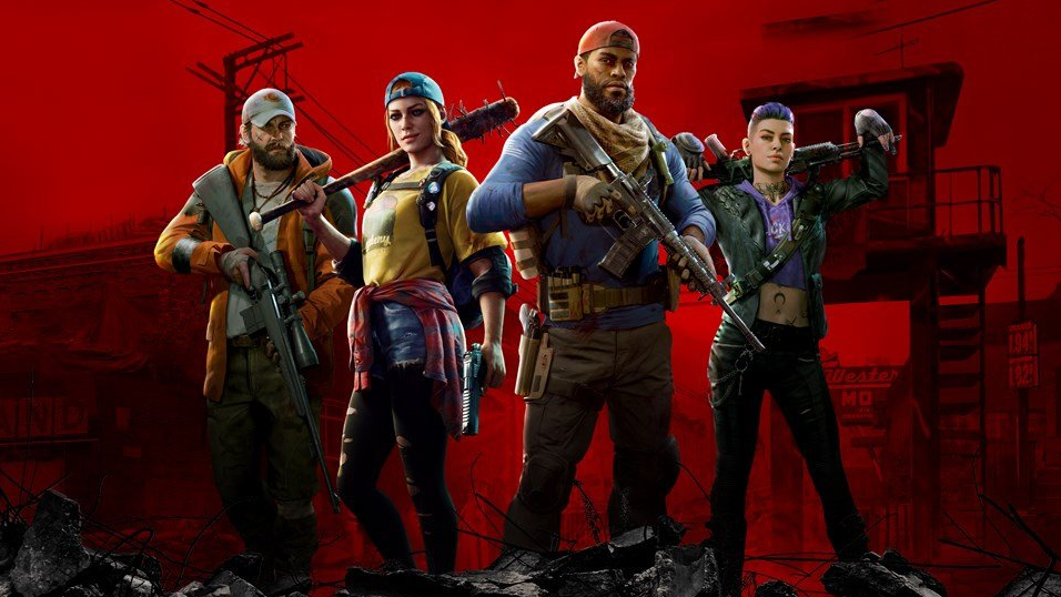 Back 4 Blood four-person survivor squad armed with weapons against a red apocalyptic backdrop