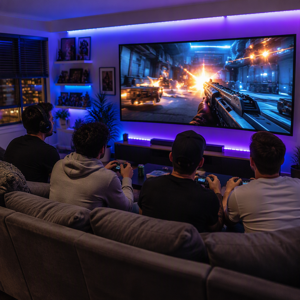 Group of friends playing a cooperative FPS game together on a large TV screen