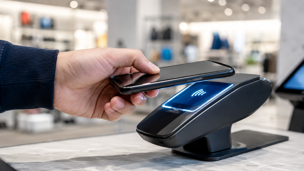 Person tapping a smartphone to make a contactless payment at a store checkout terminal