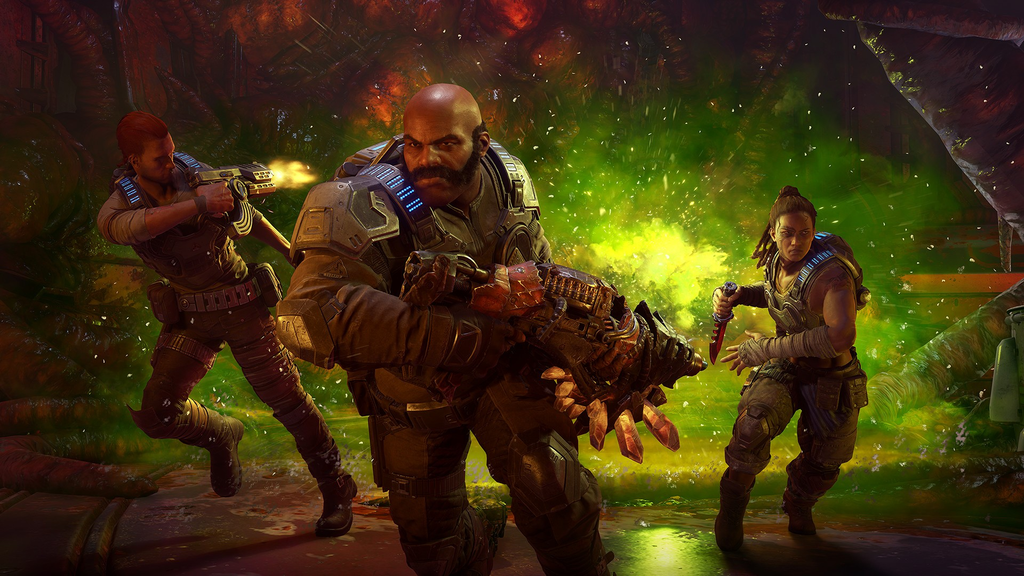 Gears 5 three-player squad fighting through an alien-infested environment