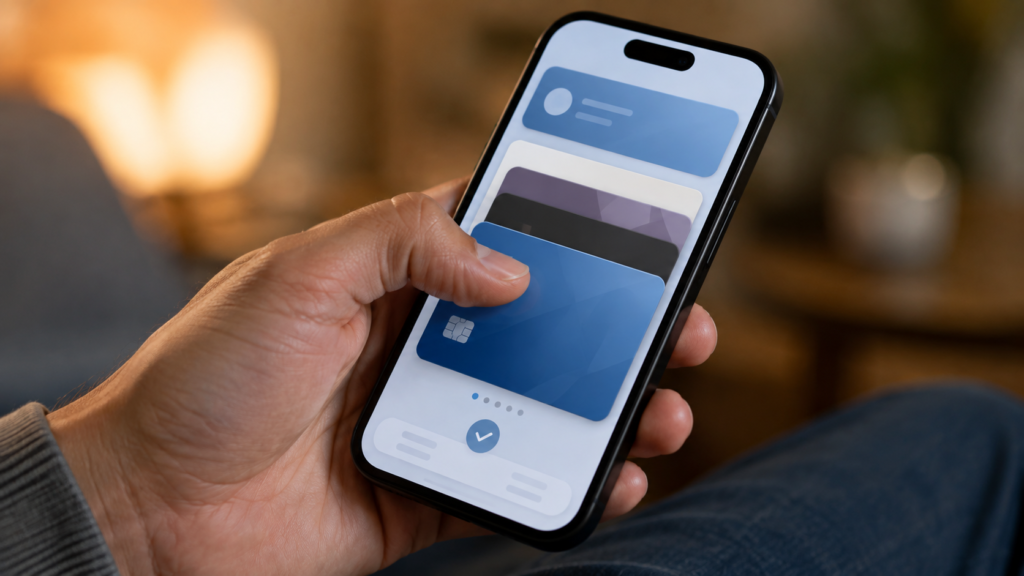 Person browsing stacked payment cards in a digital Google Wallet App on a smartphone