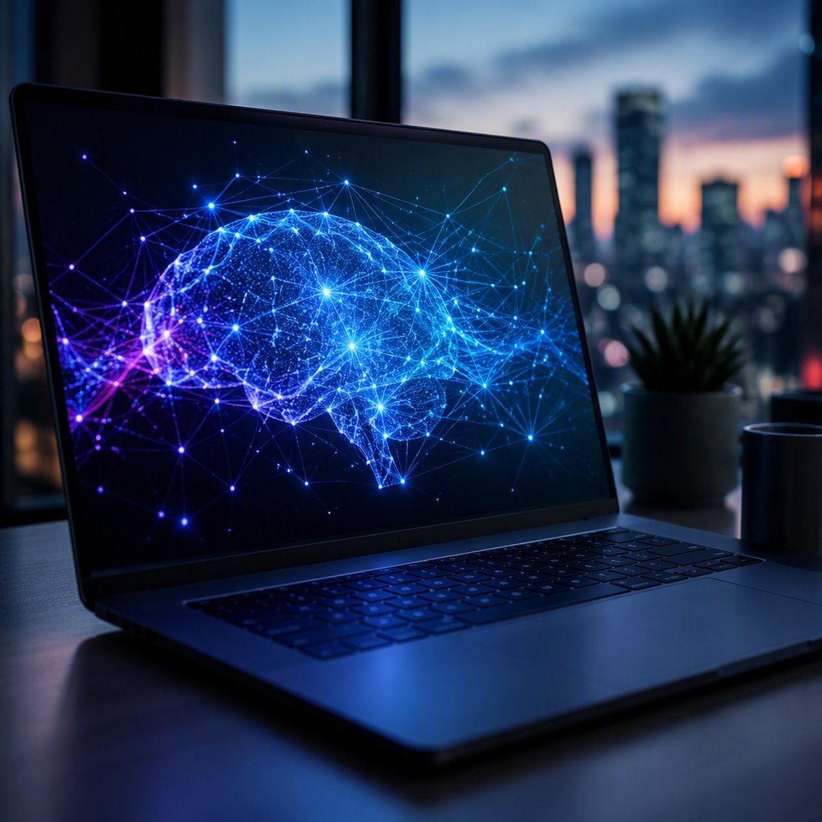 Laptop screen showing an abstract glowing neural network representing advanced AI