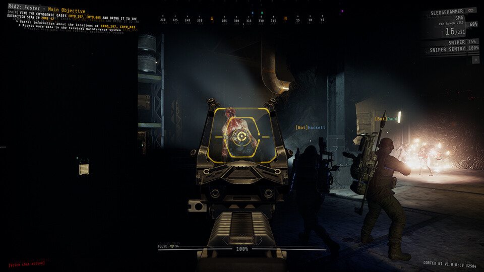 GTFO squad advancing through a dark underground facility with enemies visible in the distance