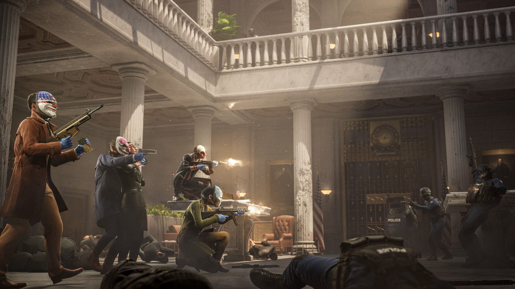 Payday 3 masked heist crew exchanging gunfire with police during a bank robbery