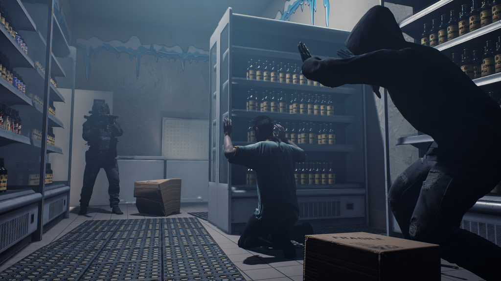 Ready or Not SWAT operators securing a civilian at gunpoint during a tactical raid