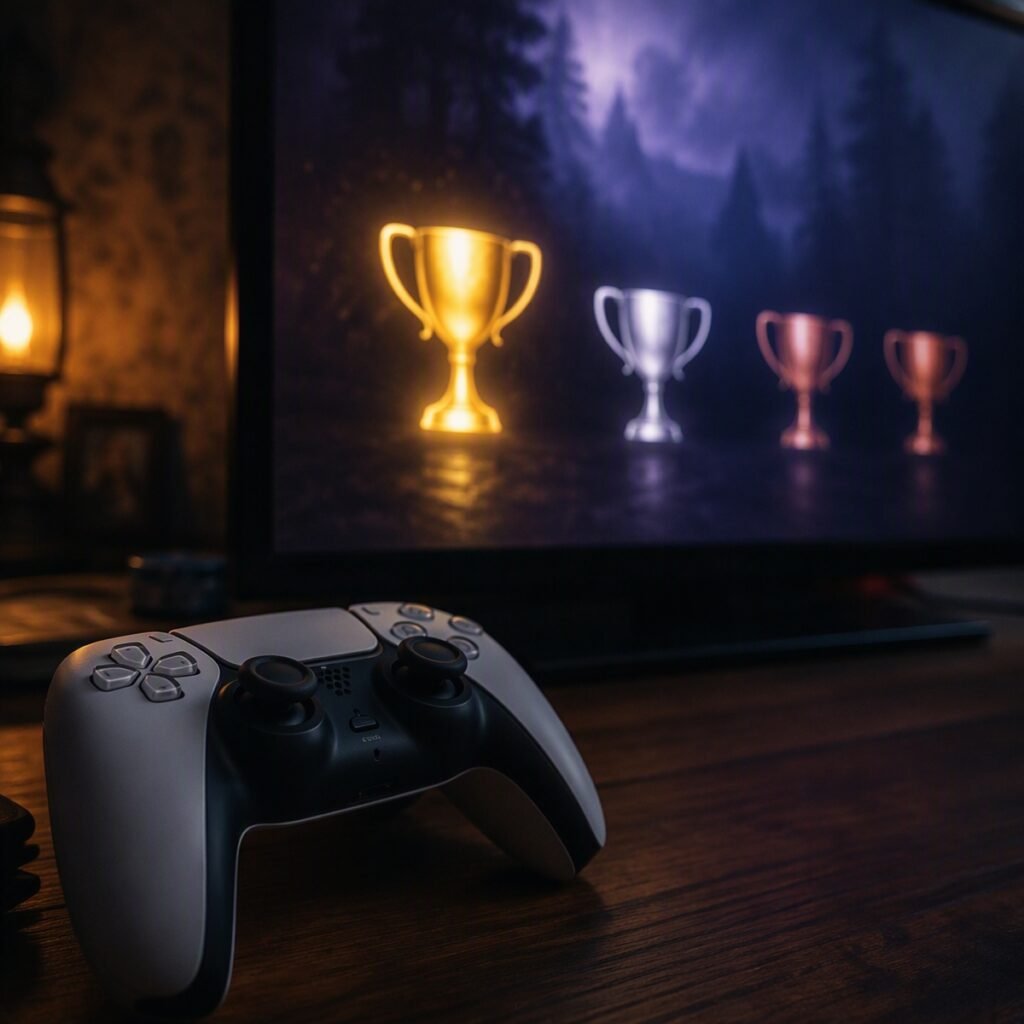 Resident Evil 4 Trophy Guide - trophy case with gold, silver, and bronze trophies