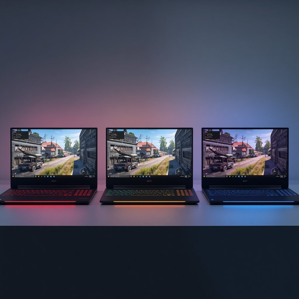 Three gaming laptops representing different GPU performance levels