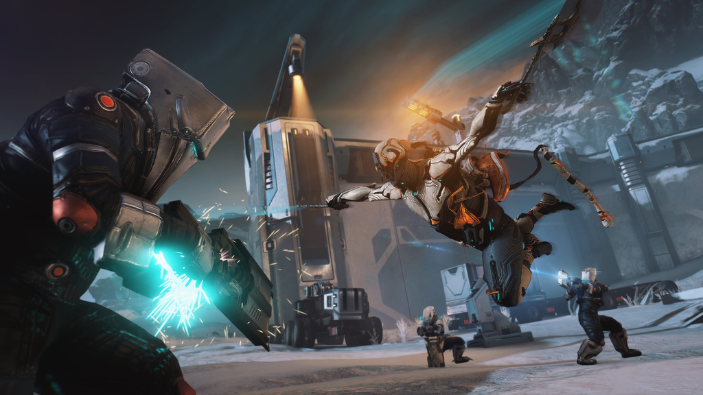 Warframe squad performing acrobatic mid-air combat against enemies on a snowy planet