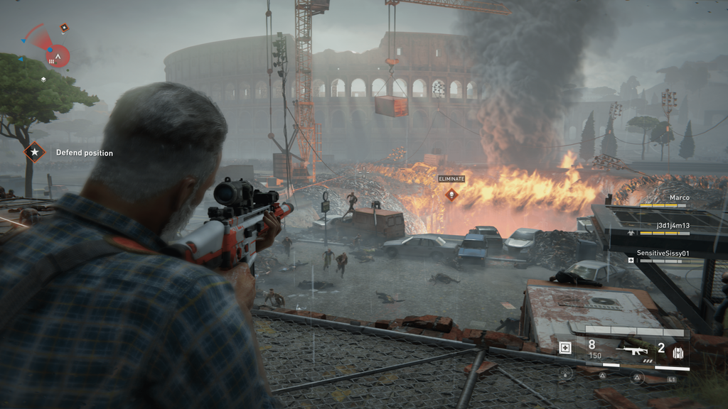 World War Z: Aftermath squad defending a position near the Colosseum against a zombie horde