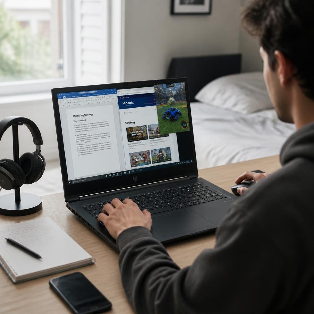 Gaming laptop being used for schoolwork at a study desk